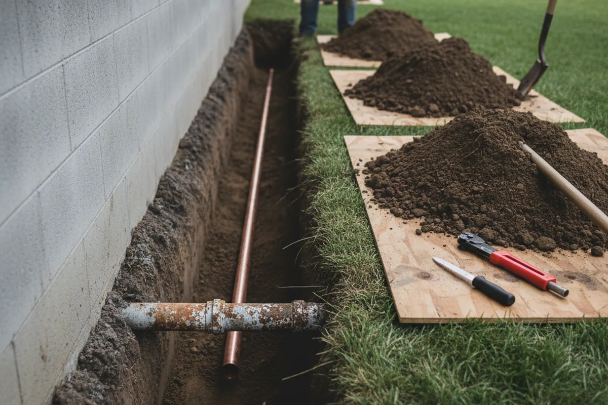 Excavated water line trench during Water Heater Repair in Early Branch